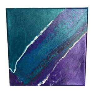 Abstract Fluid Pour Painting Iridescent  Purple Teal 8" x 8" Canvas Home Decor